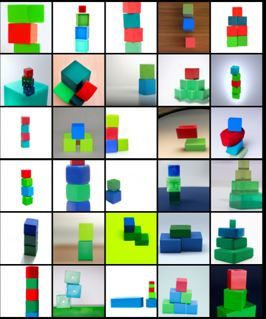3つの積み重なった立方体。赤い立方体が上にあり、緑の立方体の上に乗っています。緑の立方体は真ん中にあり、青い立方体の上に乗っています。青い立方体は底にあります。